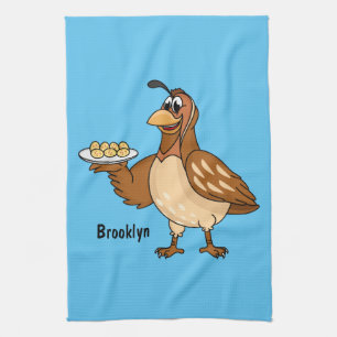 Happy quail with eggs cartoon  tea towel