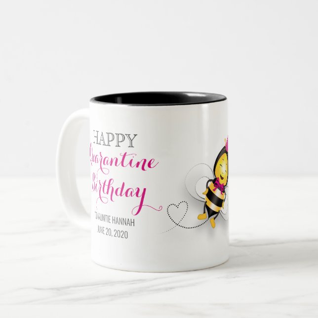 Happy Quarantine Birthday with Happy Bee Two-Tone Coffee Mug (Front Left)