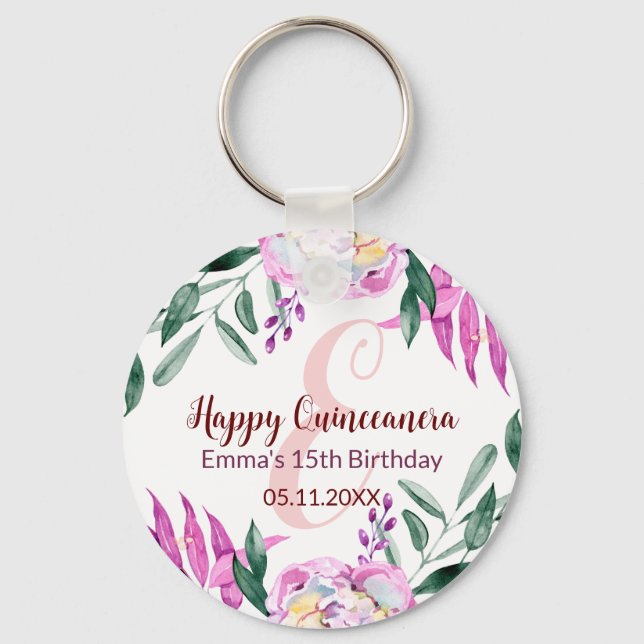 Happy Quinceanera 15 birthday party favour pink Key Ring (Front)