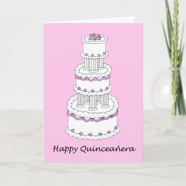 Happy Quinceanera Pretty Pink and White Three Tier Card (Front)