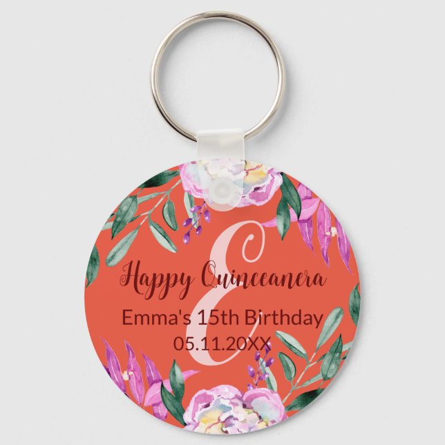 Happy Quinceanera sweet 15 birthday party floral Key Ring (Front)