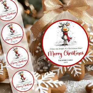 Happy quirky reindeer sticker red green artwork