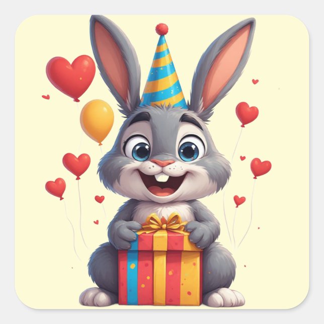 🐇 Happy Rabbit Birthday With Present Square Sticker (Front)