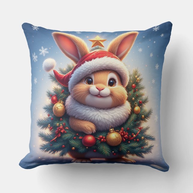 Happy Rabbit in Santa Hat  Cushion (Front)