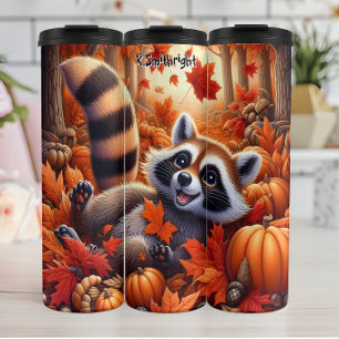 Happy Raccoon in Autumn Leaves and Pumpkins Thermal Tumbler