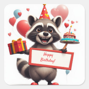 Happy Racoon Birthday With Balloons 🎁 Square Sticker