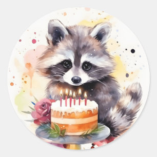 Happy Racoon with Birthday cake Classic Round Sticker