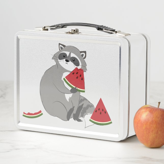 Happy racoon with watermelon metal lunch box (In Situ)