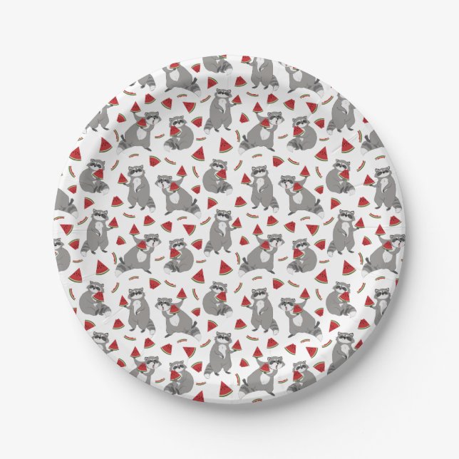 Happy racoon with watermelon paper plate (Front)
