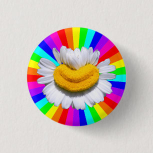 Happy Radiant Chamomile Flower Smile Rainbow Aura 3 Cm Round Badge