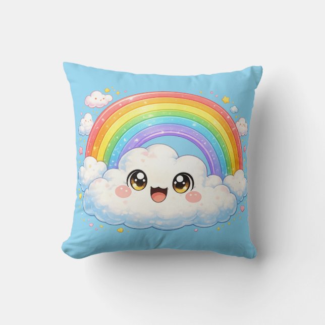 Happy Rainbow & Cloud Kawaii Cushion Pillow (Front)