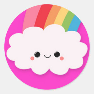 Happy Rainbow Cloud on Hot Pink Classic Round Sticker