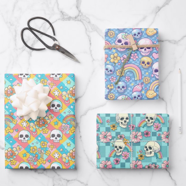 Happy Rainbow Flower Skull Goth Colourful Wrapping Paper Sheet (Front)