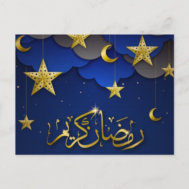 Happy Ramadan Mubarak Crescent Stars Gold Blue Holiday Postcard (Front)