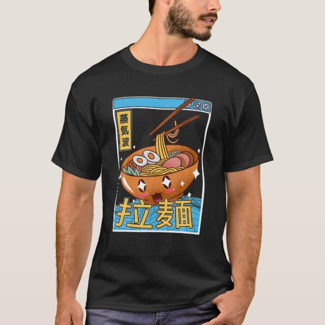 Happy Ramen Bowl Digital Japan Style Otaku Anime V T-Shirt (Front)