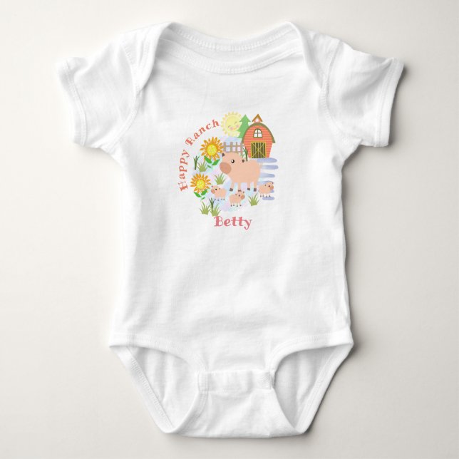 Happy Ranch Pig. Personalised.  Baby Bodysuit (Front)