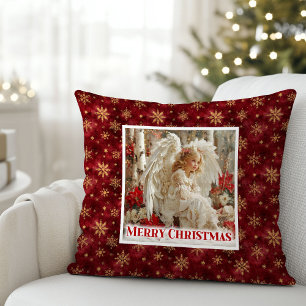 Happy Red and Gold Vintage Angel Christmas Pillow