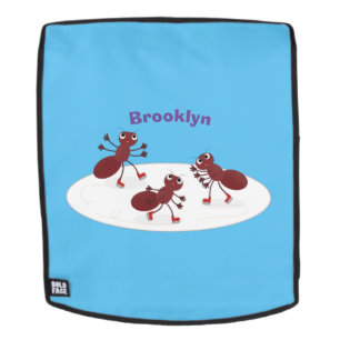 Happy red ants ice skating cartoon backpack