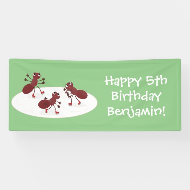 Happy red ants ice skating cartoon banner (Horizontal)