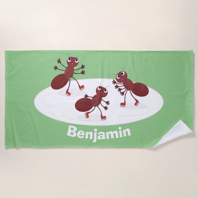 Happy red ants ice skating cartoon beach towel (Front)