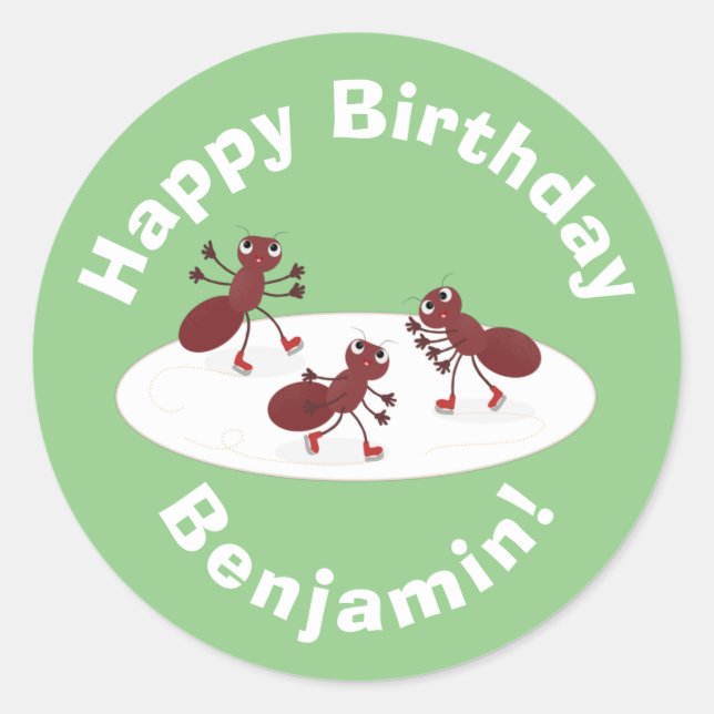 Happy red ants ice skating cartoon classic round sticker (Front)