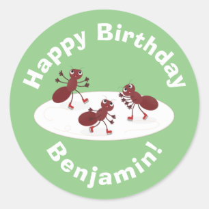 Happy red ants ice skating cartoon classic round sticker