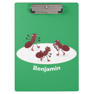 Happy red ants ice skating cartoon clipboard