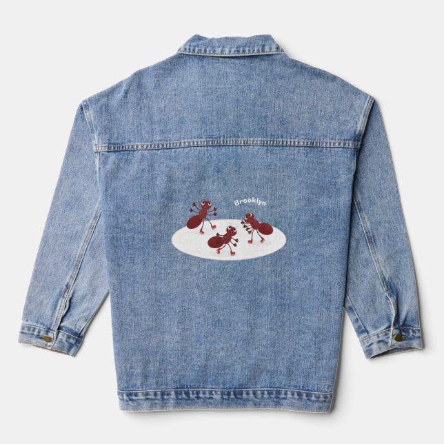 Happy red ants ice skating cartoon denim jacket (Back)