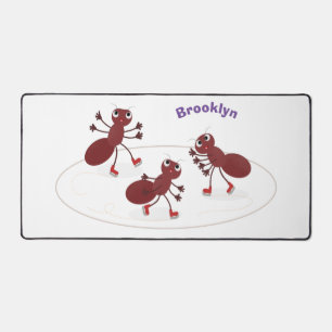 Happy red ants ice skating cartoon desk mat