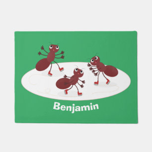 Happy red ants ice skating cartoon doormat