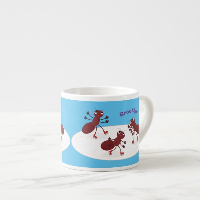 Happy red ants ice skating cartoon espresso cup (Front Right)