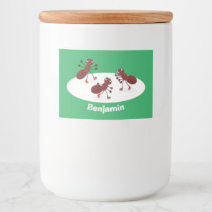 Happy red ants ice skating cartoon food label