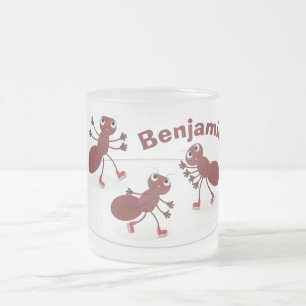 Happy red ants ice skating cartoon frosted glass coffee mug