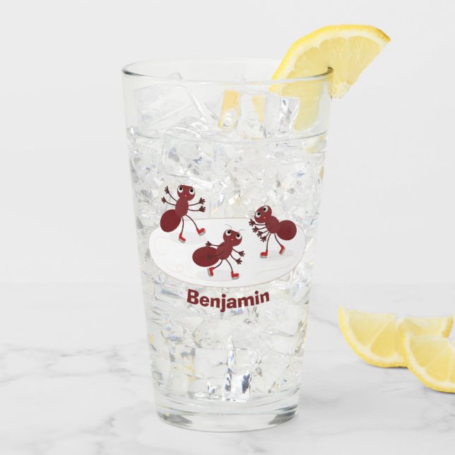 Happy red ants ice skating cartoon glass (Back Ice)