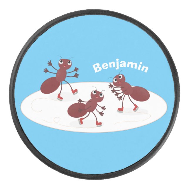 Happy red ants ice skating cartoon hockey puck (Front)
