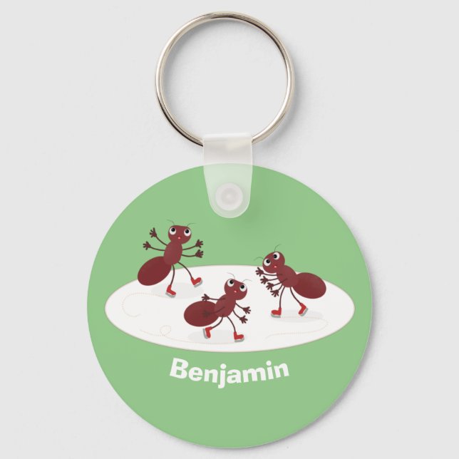 Happy red ants ice skating cartoon key ring (Front)