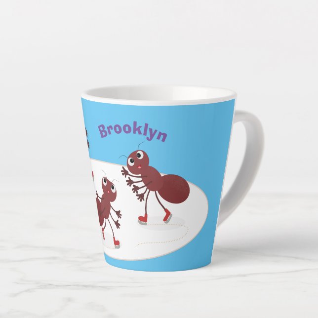 Happy red ants ice skating cartoon latte mug (Right Angle)
