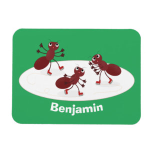 Happy red ants ice skating cartoon magnet