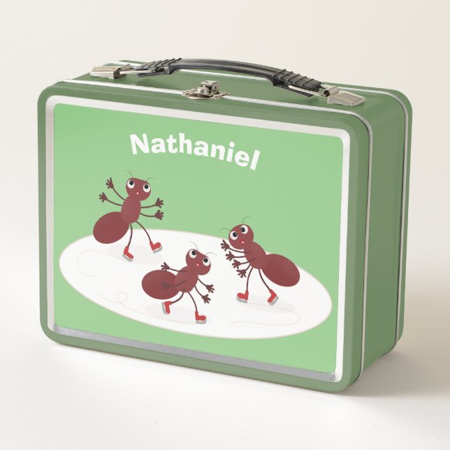 Happy red ants ice skating cartoon metal lunch box (Front)