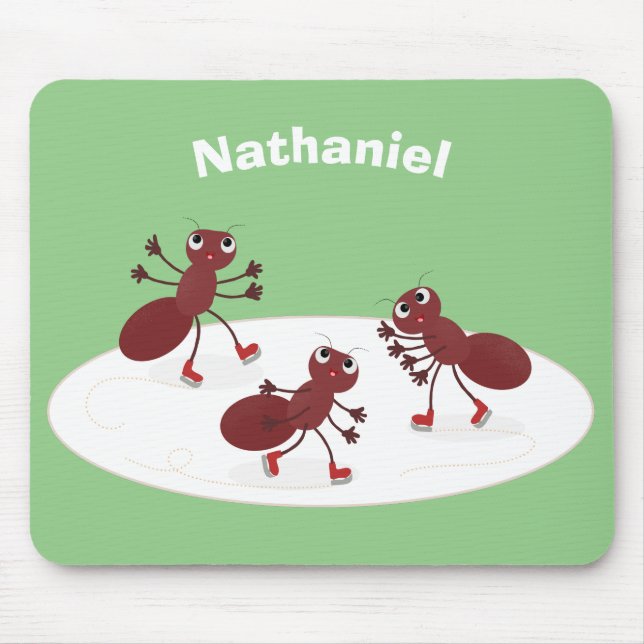 Happy red ants ice skating cartoon mouse mat (Front)