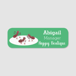 Happy red ants ice skating cartoon name tag