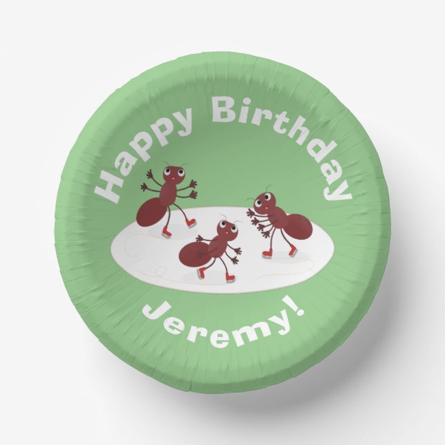 Happy red ants ice skating cartoon paper plate (Front)