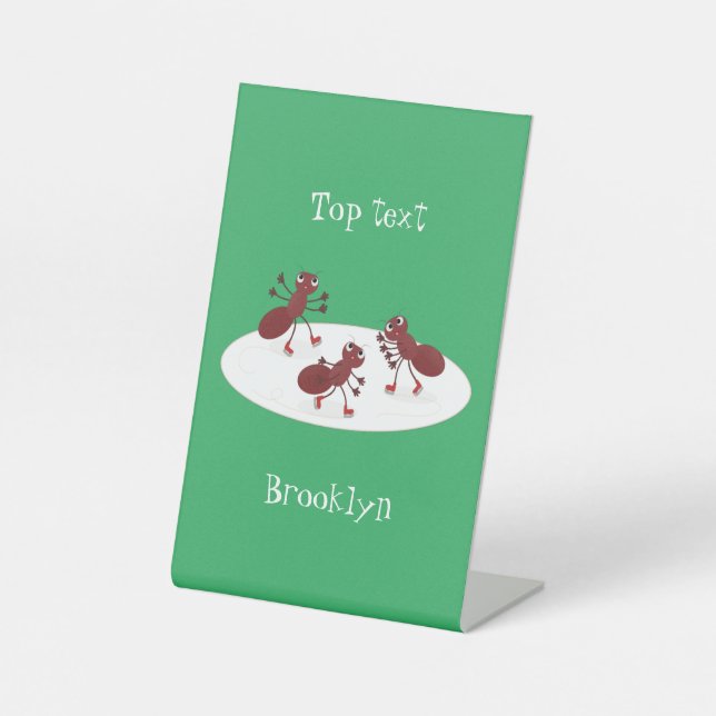 Happy red ants ice skating cartoon pedestal sign (Front)