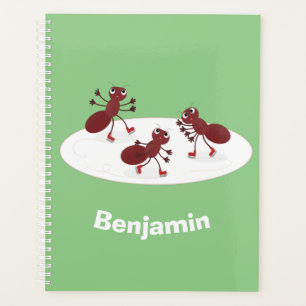 Happy red ants ice skating cartoon planner