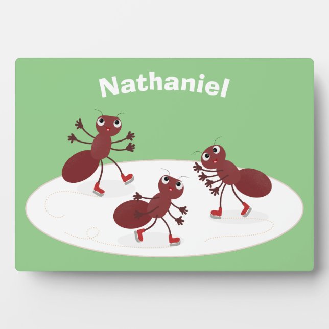 Happy red ants ice skating cartoon plaque (Front)