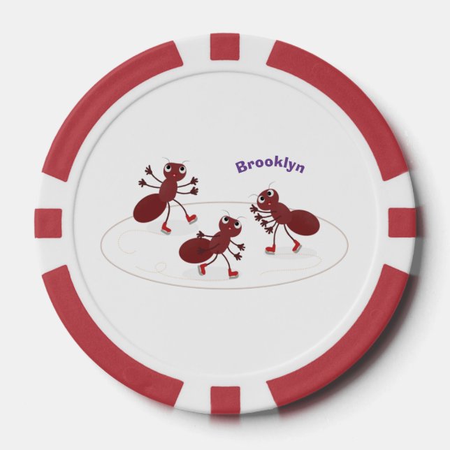Happy red ants ice skating cartoon poker chips (Front)