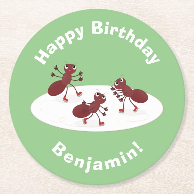 Happy red ants ice skating cartoon round paper coaster (Front)