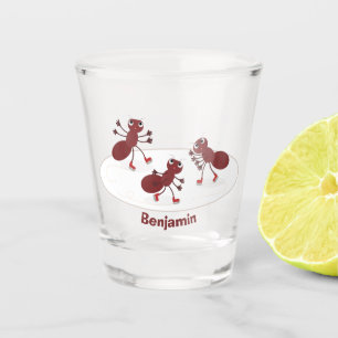Happy red ants ice skating cartoon shot glass