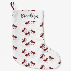 Happy red ants ice skating cartoon small christmas stocking