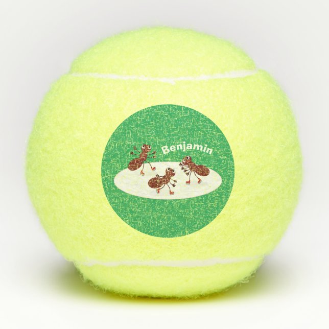 Happy red ants ice skating cartoon tennis balls (Front)